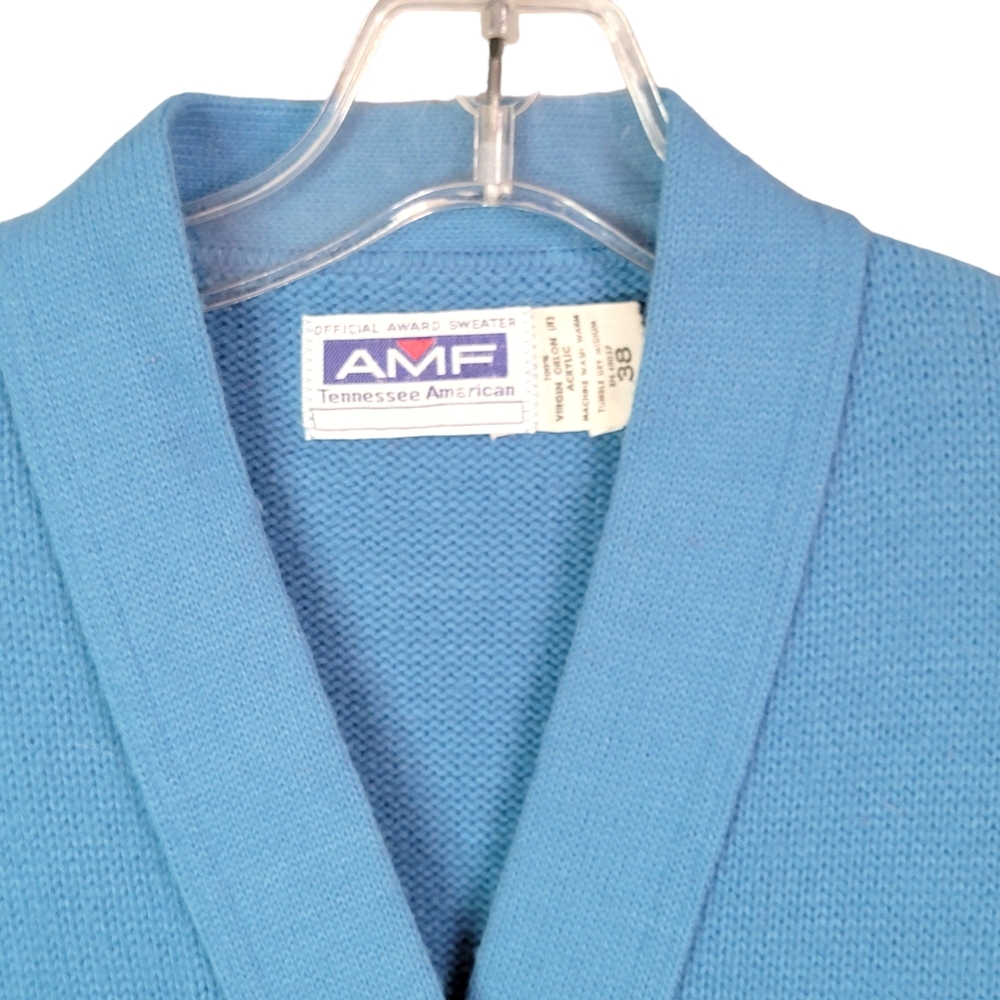 Cedar Rapids Jefferson J-Hawks Vintage Baby Blue Patched Letterman Sweater 38 - Picture 3 of 12